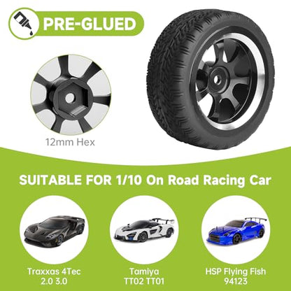 Preglued 2.64" OD Aluminum Metal 12mm Hex Wheels and Tires Set for 1/10 On-Road Racing RC Touring Cars Drift, Compatible with Traxxas 4Tec 2.0/3.0, Tamiya TT01 TT02, HPI RS4, Redcat(Color E) - color: Color E