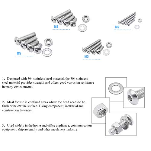 DYWISHKEY 1220 PCS M2 M3 M4 M5, 304 Stainless Steel Hex Button Head Cap Bolts Screws Nuts Washers Assortment Kit with Hex Wrenches - color: silver