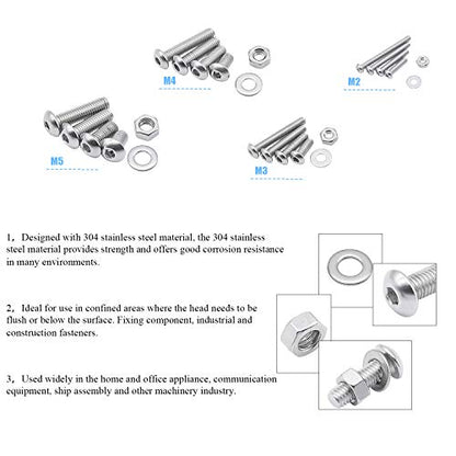 DYWISHKEY 1220 PCS M2 M3 M4 M5, 304 Stainless Steel Hex Button Head Cap Bolts Screws Nuts Washers Assortment Kit with Hex Wrenches - color: silver