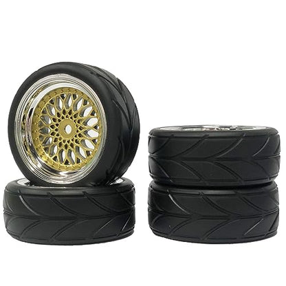 4PCS 64mm RC Rubber Tires and Plastic Plating Wheel Rims Set Replacement Part 12mm Hex for 1/10 RC On Road Run-flating Touring Racing Drift Car Tyre(Gold Silver,Offset:3mm) - color: Gold Silver, size: Offset:3mm