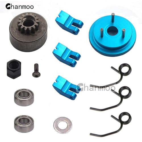 1/8 RC Car 14T Clutch Bell Flywheel Assembly Kit Shoes Bearings Gear Engine Nut Springs Cone for 1:8 RC Buggy Truck Car KYOSHO HPI HSP Axial Himoto 21-28cxp Nitro Engine Parts (Blue) - color: Blue
