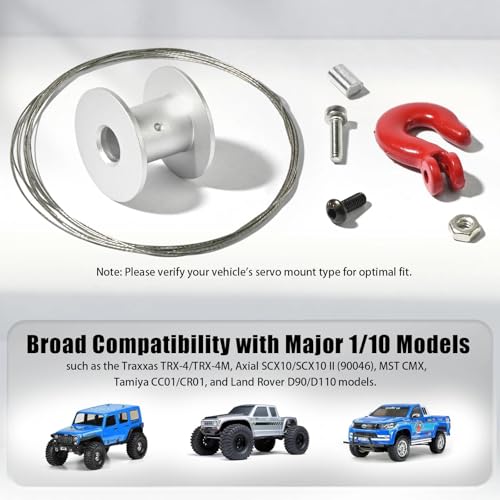 Metal Winch Drum Kit with Steel Cable & Tow Hook – Converts 25T Servo into RC Winch for 1/10 RC Crawler TRX4 SCX10 D90 CC01 – 190cm Cable, 12g (Servo Not Included)