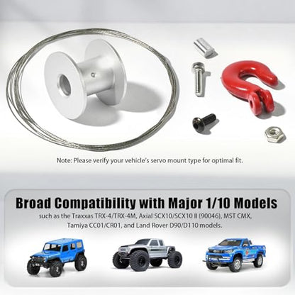 Metal Winch Drum Kit with Steel Cable & Tow Hook – Converts 25T Servo into RC Winch for 1/10 RC Crawler TRX4 SCX10 D90 CC01 – 190cm Cable, 12g (Servo Not Included)