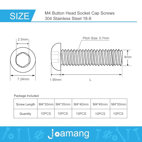 M4 x 30mm 35mm 40mm 45mm 50mm Button Head Socket Cap Screws Bolts, Stainless Steel 304, Metric Allen Hex Drive, Bright Finish, Fully Threaded, Assortment Kit 50PCS - size: Button M4x30-50 mm