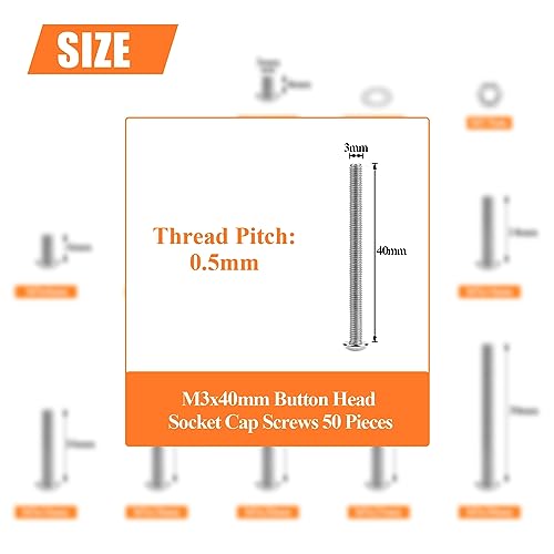 HELIFOUNER 50 Pieces M3 x 40mm, Thread Pitch 0.5mm, 304 Stainless Steel (18-8) Button Head Socket Cap Screws, Fully Threaded - size: M3 x 40mm