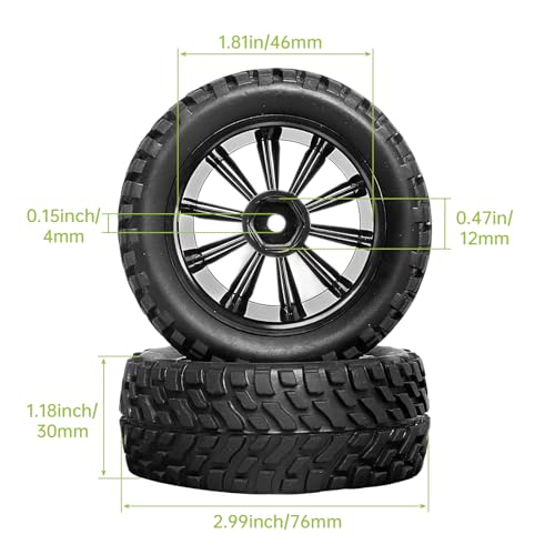 4Pcs 12mm Hex RC Wheels Tires Height 2.99 inch (76mm) for 1/10 On Road and 1/14 1/16 1/18 Scale Models Cars Truck Buggy with Foam Inserts