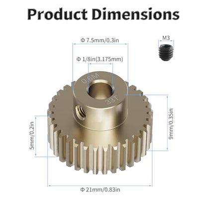 Pinion Motor Gear, M0.6 33T, 1/8 in (3.175mm) Shaft Hole | M0.6 Pitch 33 Teeth, 7075 Aluminum Alloy, 1/8 Inch Shaft Hole, RC Motor Pinion Upgrade, for 1/10 RC Brushless Crawler - size: M0.6 33T
