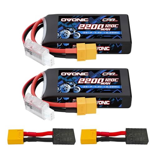 OVONIC 2S Lipo Battery 7.4V 2200mAh 120C with XT60 to TRA Connector for RC Car Truck Vehicles Boat Drone Airplane Quadcopter Helicopter FPV Racing Hobby Models Pro Truck Boat Jet Basher 2 Batteries