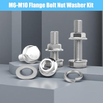 284Pcs M6/M8/M10 Flange Bolt Nut Washer Kit | 12-30mm Hex flange screws. Flat & lock washers included. 304SS rust-proof. Ideal for automotive and machinery repair. - color: 284pcs M6 M8 M10