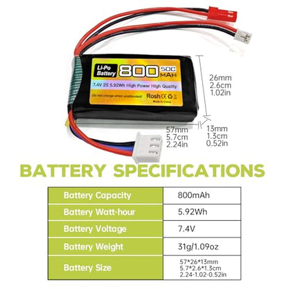 sea jump 2PCS 7.4V 800mAh 2S 50C Li-Po Battery with JST and PH2.0 Plug for SCX24 RC Car,Compatible with Most 1/10,1/16,1/18,1/24 Ratio Toy Cars, Trucks, and 4-Axis Aircraft