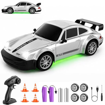 RC Drift Car 1:24 Scale, 4WD Remote Control Car with LED Lights 20KM/H High Speed, Dual-Mode Racing & Drifting Toy Car with 2 Batteries, Gift for Kids & Adults, Silver - color: Silver