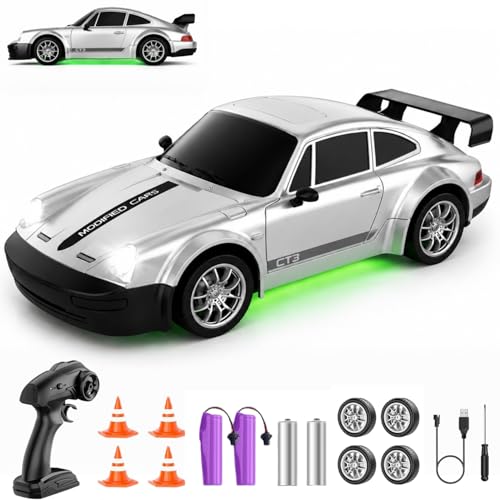RC Drift Car 1:24 Scale, 4WD Remote Control Car with LED Lights 20KM/H High Speed, Dual-Mode Racing & Drifting Toy Car with 2 Batteries, Gift for Kids & Adults, Silver - color: Silver