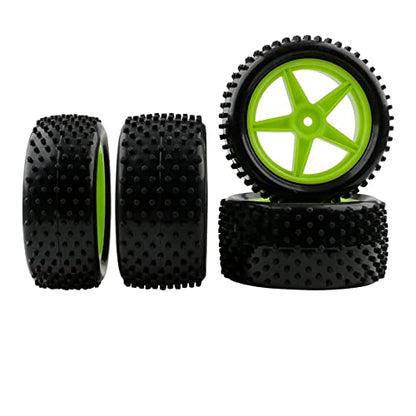 1/10 RC Rubber Tire 4pcs Front & Rear Tires and Wheels with Flange Lock Nuts Washers and Wrench for 1/10 Off Road RC Buggy Redcat Tornado S30 EPX HSP Tamiya Kyosho HPI, Green - color: Green