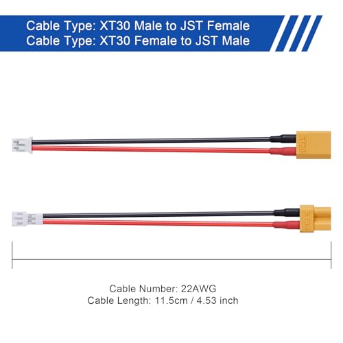 6PCS XT30 to JST PH2.0 Connector Plug Cable, XT30 Male Female Adapter Conversion Cable Wire 22AWG 10cm jst PH 2.0 Connector kit for RC Battery Plugs - size: XT30-JST 10cm 22AWG