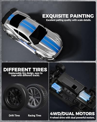 RC Drift Car, 1:20 Scale Remote Control Car for Beginners & Adults | LED Lights, 2.4GHz, 20KM/H, 4WD, Drifting Tires, 2 Batteries, Roadblock, Racing Sports Gift Idea - color: Silver