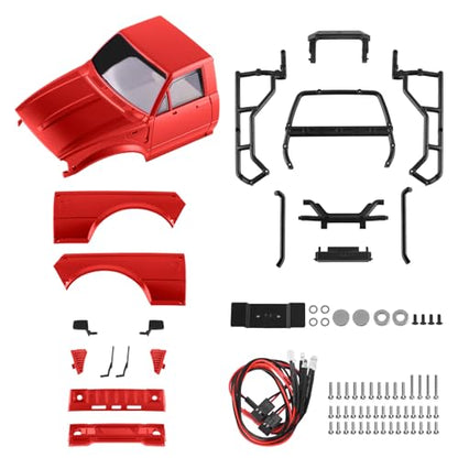 Hard Pickup Body Shell with Bed Rack for 1/24 SCX24 RC Crawler | With dual interchangeable grilles, magnetic flip-up design easy maintenance - color: Red
