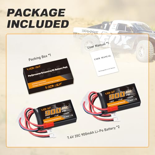 SCX24 Battery 7.4V 900mAh Lipo Battery 2S 35C(Burst 70C) FCX24 Battery with PH2.0&JST&Molex Plug Fit for FMS SCX24 RC Car WLtoys A949 A959 A969 A979 K929 Most 1/10 1/16 1/18 1/24 RC Car Truck - style: 2PACK