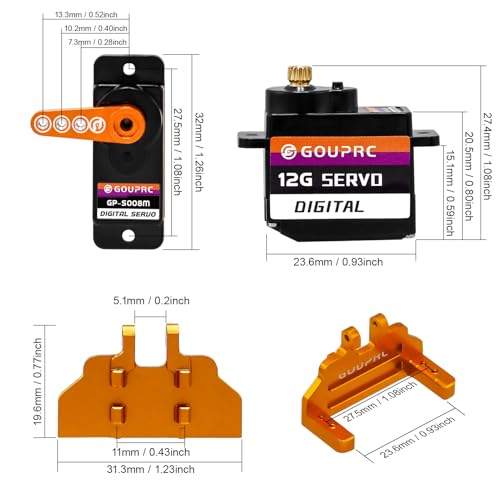 GOUPRC 12G RC Digital Micro Servo of Metal Steel Gear with Servo Mount Bracket & 25T Servo Horn for SCX24 Servo RC Car Upgrade Parts - color: Orange