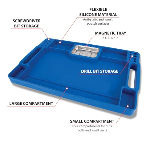 Performance Tool W1294 Fender Buddy Flexible Silicone Tool Tray | Non-slip automotive work tray. Molds to surfaces. Integrated magnetic parts tray and molded bit organizer - style: Fender Buddy Flexible