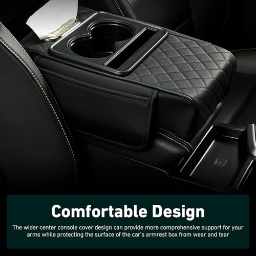 Car Arm Rest Cover Pad, Multi-Functional Center Armrest Box Height Increasing Pad with 2 Cup Holder, Tissue Box, Phone Storage Slot, 2 Storage Bags, Universal for Car Organizer (Black)