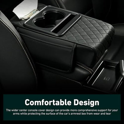 Car Arm Rest Cover Pad, Multi-Functional Center Armrest Box Height Increasing Pad with 2 Cup Holder, Tissue Box, Phone Storage Slot, 2 Storage Bags, Universal for Car Organizer (Black)