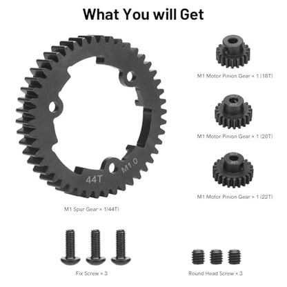 daitoku 44T 1 Mod Hardened Steel Spur Gear with 18T 20T 22T Motor Pinion Gear Compatible with Traxxas 1/10 Maxx 1/5 X-Maxx 1/10 E-REVO 2.0 VXL 1/7 XO-1 - size: 44T