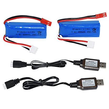 Blomiky 2 Pack 7.4V 450mAh 25C JST Plug Lipo Rechargeable Battery with Charger Cable for WLTOYS 284131 P939 K969 K979 K999 K989 P929 281431 RC Trucks K969 Battery 2