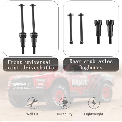 Steel Drive Shaft Kit Front & Rear (Universal Shafts/Rear stub axles/Dogbones/Hexes) - Compatible with ARRMA 1/16 Mojave GROM Series Desert Trucks (ARA2104/ARA2304/ARA2304S) - color: Black, size: Hex Black
