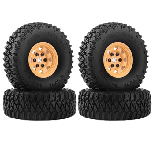 4PCS 1.55 inch Aluminum Metal Beadlock Wheels Rim Rubber Tires Set Replacement for 1/10 RC Crawler Car D90 TF2 Tamiya CC01 CC02 LC70 JIMNY Axial AX90069 Upgrade Parts (Yellow) - color: Yellow