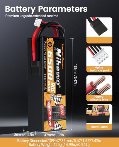 3S Lipo Battery 11.1V 6500mAh 90C Hard Case RC Battery with Tr Plug + EC5 Adapter for 1/8 1/10 RC Car Truck Vehicle Truggy Buggy Tank Boat Helicopter Airplane Models (2 Packs) - style: 2x 11.1V 6500mAh