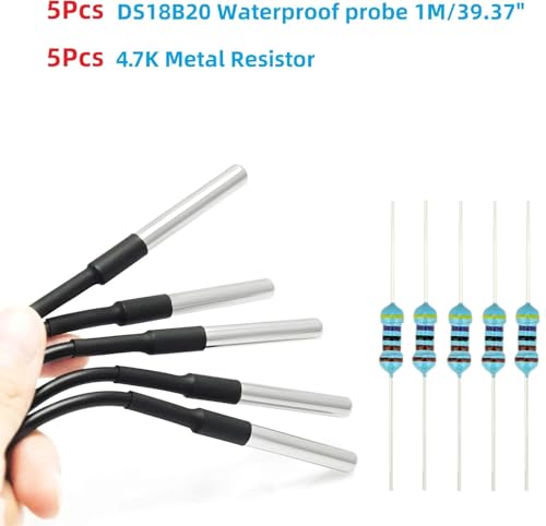 WWZMDiB 5 Pcs DS18B20 Temperature Sensor Probe High-Accuracy Waterproof Equipped with 5 Pcs 4.7K resistors for Arduino Raspberry Pi DIY