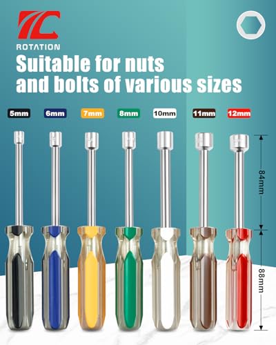ROTATION 7PC Metric Nut Driver Set 5-12mm Hex Drivers Color-Coded Grips | 5-12mm Hex Drivers, For Bolts Nuts Fasteners, Color-Coded, Non-Slip PVC Grips - style: Metric