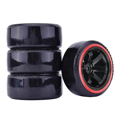 4Pcs 63mm RC Drift Car Tires Hard Tyres Plastic Wheel Rims for 1/10 On-Road Drifting Car for HSP Tamiya HPI Kyosho Spare Parts(Black/Red) - color: Black/Red