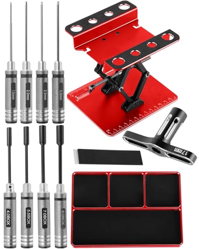RC Tool Kit w/Height Adjustable Work Stand, 1.5 2.0 2.5 3.0mm Hex, 4.0 5.5 7.0 8.0mm Nut Driver, 17mm Wheel Socket &Screw Tray for 1/10 TRX4 Slash 4X4 BL-2S SCX10 III SENTON L0S1 1/8,Red - color: Red(1set)