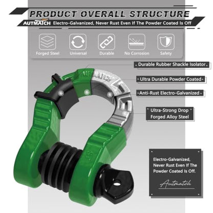AUTMATCH D Ring Shackle 3/4" Mega Shackle (2 Pack) 68,000Ibs Break Strength - Heavy Duty Clevis Shackle with 7/8" Screw Pin & Isolator Washer for Tow Strap Winch Off Road Vehicle Recovery, Dark Green - color: Dark Green & Black
