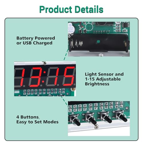 MiOYOOW DIY Electronic Clock Soldering Kit, Rechargeable 4-Digit Digital Alarm Clock with Light Sensor, SMD SMT Soldering Practice Kit, STEM Electronics Project for School Learning and Daily Use - color: 4 Digit Rechargeable Clock Kit