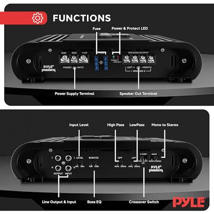 Pyle 2 Channel Car Stereo Amplifier - 2000W High Power Dual Channel Bridgeable Audio Sound Auto Small Speaker Amp Box w/ MOSFET, Crossover, Bass Boost Control, Silver Plated RCA Input Output-PLA2378