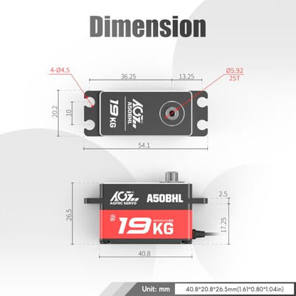 AGFRC 19KG Low-Profile Programmable-Digital-Servo - 0.073Sec High Speed Full Metal Gear Brushless RC Servo with 25T Metal Servo Horn for 1/10 RC Car, Control Angle 180° (A50BHL)