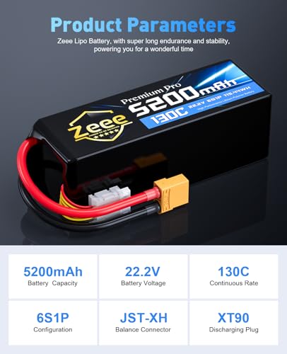 Zeee Premium Pro 6S 5200mAh Lipo Battery 22.2V 130C XT90 Plug (2 Packs) | Ultra-Low Internal Resistance Soft Pack Lipo Battery for RC Car Truck RC Drone Boat Helicopter Airplane Racing Models
