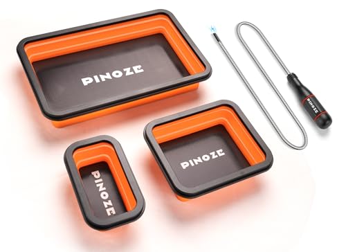PINOZE Collapsible Magnetic Parts Organizer Trays & 12" Flexible Magnetic Pickup Tool, 3 Different Size Magnet Tool Trays & Pick-Up Sweeper for Screw, Bolts, Nuts, Washers, Pins and Other Metal Parts - color: Orange