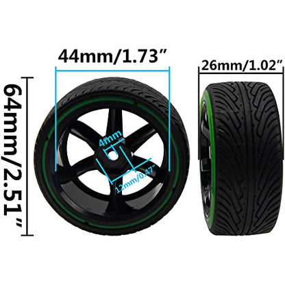 1/10 RC Drift Car Tires 12mm Hex Hub Wheel Rims & Hard Plastic Tyre 6 Spoke Compatible with Traxxas HSP Tamiya Kyosho HPI Redcat 1/10 On-Road RC Drift Drifting Car (Green)