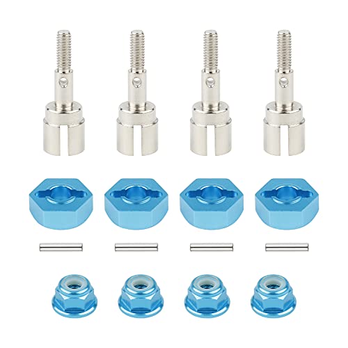4 Sets 12mm Wheel Hex Adapters & Stainless Steel Axles for HSP 1/10 RC Car - Replacement Parts with M4 Lock Nuts & Washers, RC Car Repair Kit for 94107 94108 94111 94123 - color: Blue