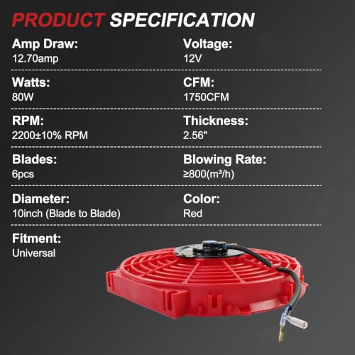 JDMSPEED New 10 Inch Slim Fan Push Pull Electric Radiator Cooling 12V Mount Universal Kit Red - color: Red, size: 10 Inch