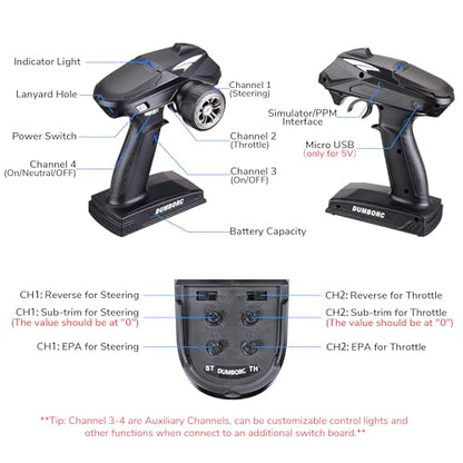 DUMBORC X4 2.4GHz 4-Channel RC Radio Transmitter and X6F Receiver&Alloy Steering Wheel with Fail-Safe & Low Voltage Alarm Function Mixed Mode for Rc Vehicle Car Boat Tank Model Parts Remote Controller