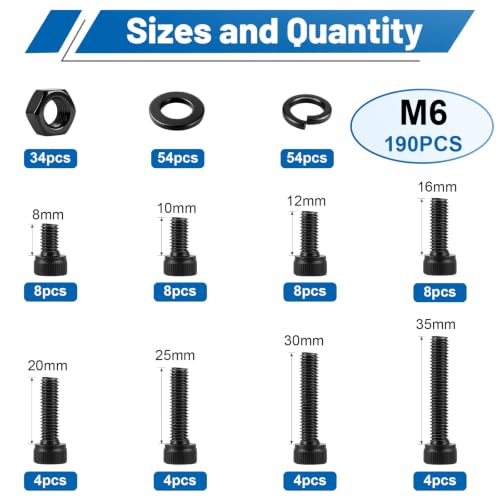 190PCS M6 Screws with Nuts Assortment Kit | M6x8/10/12/16/20/25/30/35 mm, Hex Socket Head Cap Bolts, 12.9 Alloy Steel, Black Zinc Plated, Anti-Rust, For DIY, furniture - size: G12.9 M6 190PCS