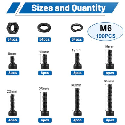 190PCS M6 Screws with Nuts Assortment Kit | M6x8/10/12/16/20/25/30/35 mm, Hex Socket Head Cap Bolts, 12.9 Alloy Steel, Black Zinc Plated, Anti-Rust, For DIY, furniture - size: G12.9 M6 190PCS