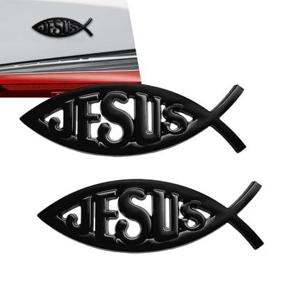 2 PCS Jesus Fish Decal, 3D Christian Car Sticker Emblem, Metallic Religious God for Jesus Christian Fish Symbol, Universal for Car Truck Fridge Wall Window Badge (Black) - color: Black