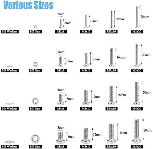DYWISHKEY 1220 PCS M2 M3 M4 M5, 304 Stainless Steel Phillips Pan Head Screws Nuts Washers Assortment Kit - color: bright silver