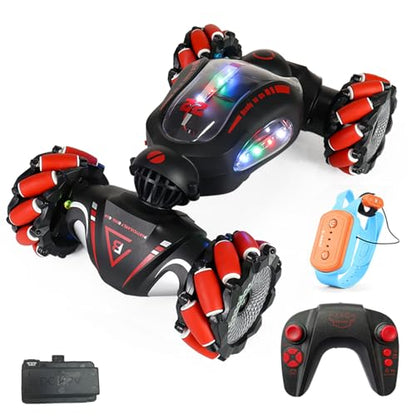 HUIOP Stunt Car 2.4GHz Car Spray Car with Function Lateral Movement,Breathing Light,Deformation,Double-Sided Driving,Wrist Watch-Dual - color: Red, size: 1 battery