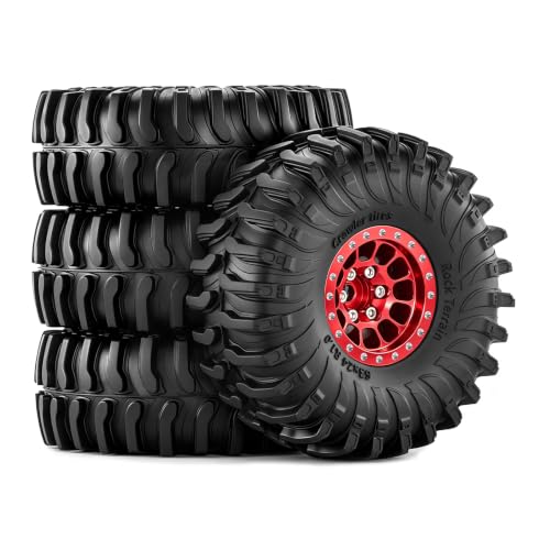 1.0" Beadlock Wheels and Tires for 1/24 Axial SCX24, 1/18 TRX4M RC Crawler (Red 357) - color: Red 357
